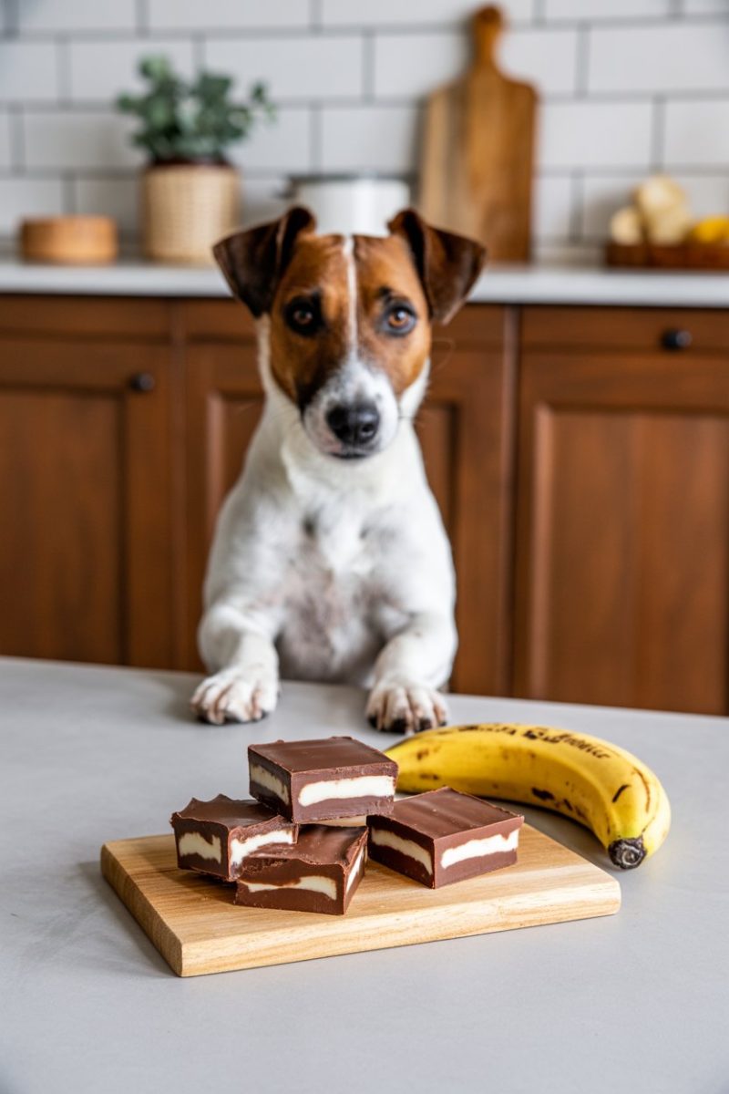 A Jack Russell Terrier dog sitting on a light gray kitchen counter, In front of the dog is a wooden cutting board containing brown bars cut into squares, and a single yellow banana.