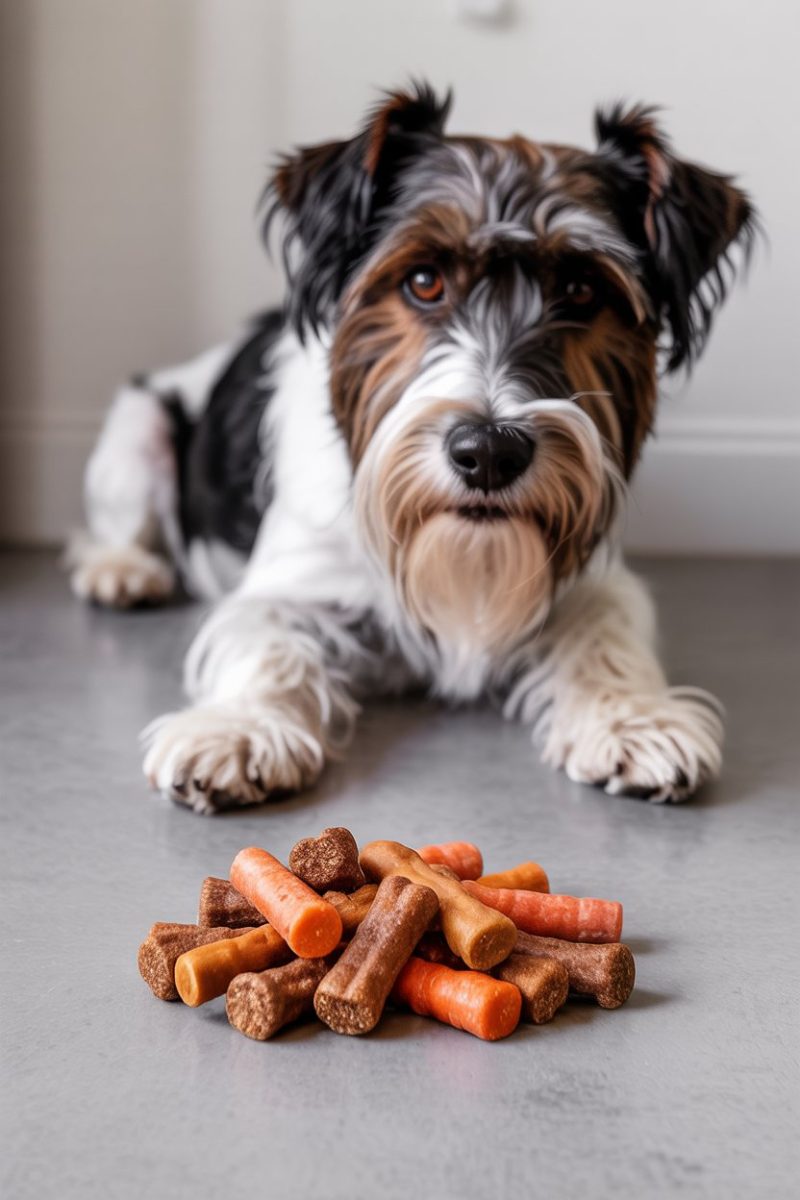 A Jack Russell Terrier dog lying on a light gray floor, there is a pile of dog treats arranged in a fan-like pattern.