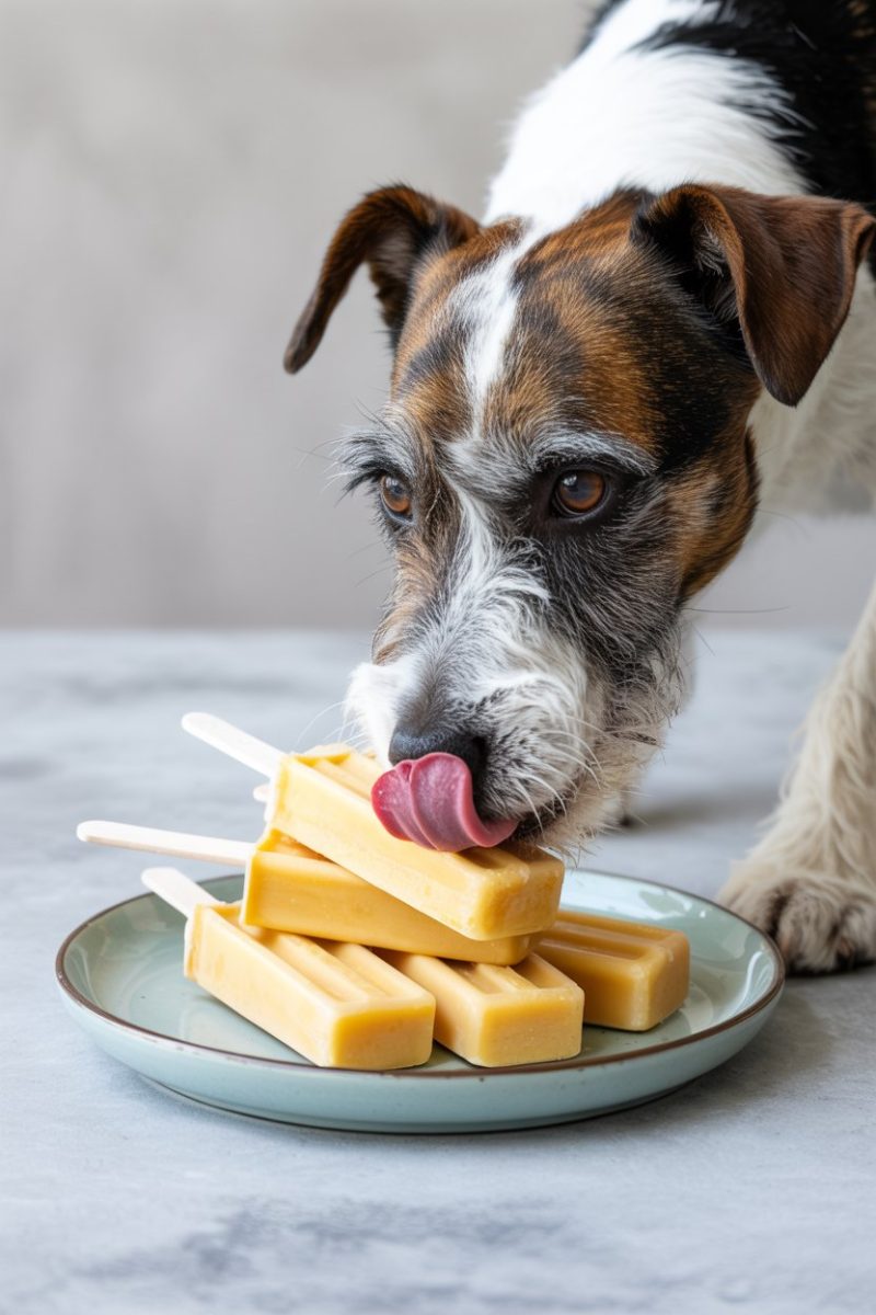 A Jack Russell Terrier dog licking a yellow frozen pop on a light blue ceramic plate.