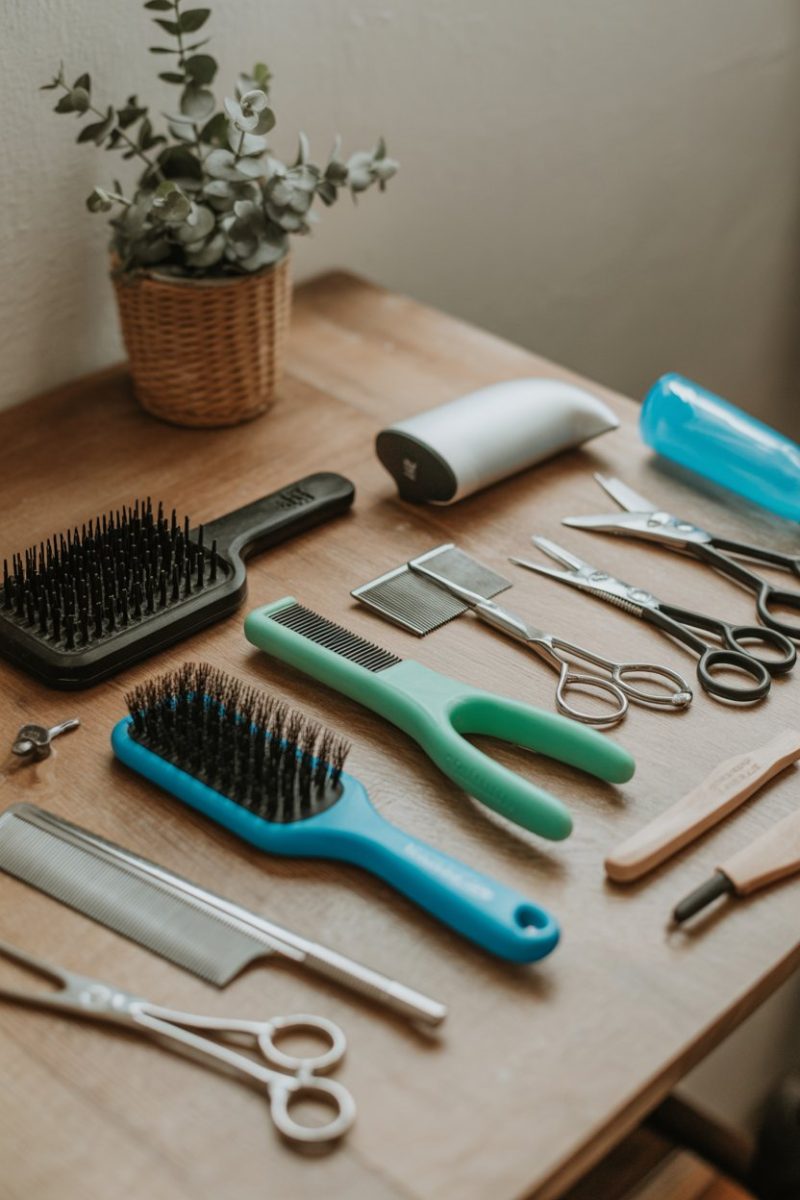 Grooming tools and accessories arranged on a light wooden surface.