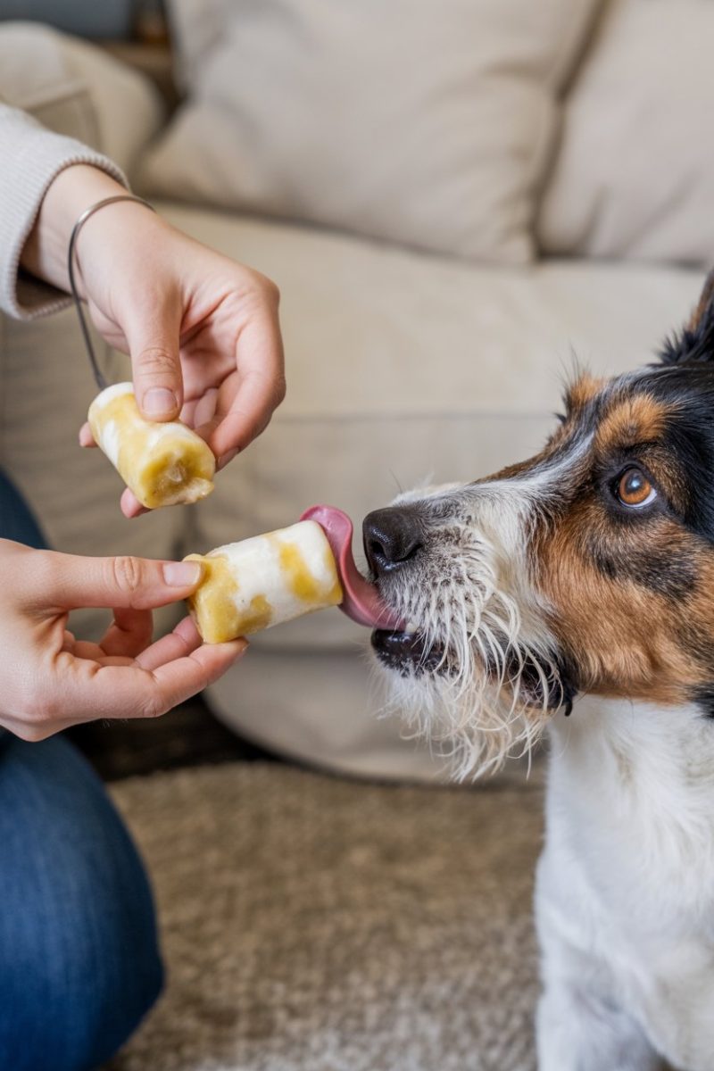 A Jack Russell Terrier dog licking a banana and yogurt ice cream treat.