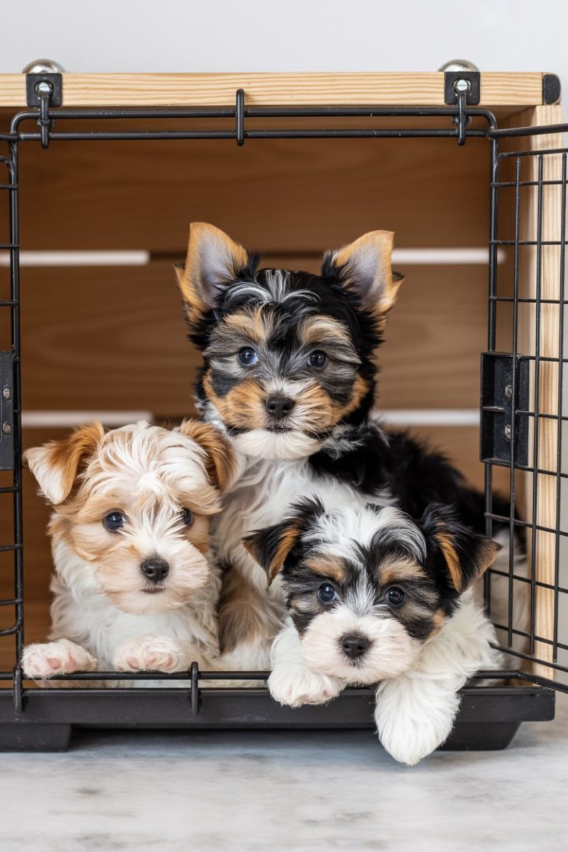 Three Yorkshire Terrier puppies in a black wire crate with a wooden top.