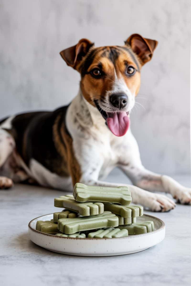 A Jack Russell Terrier mix dog lying on a light gray marble surface there is a white ceramic plate containing a stack of light green-colored dog treats in bone shapes.
