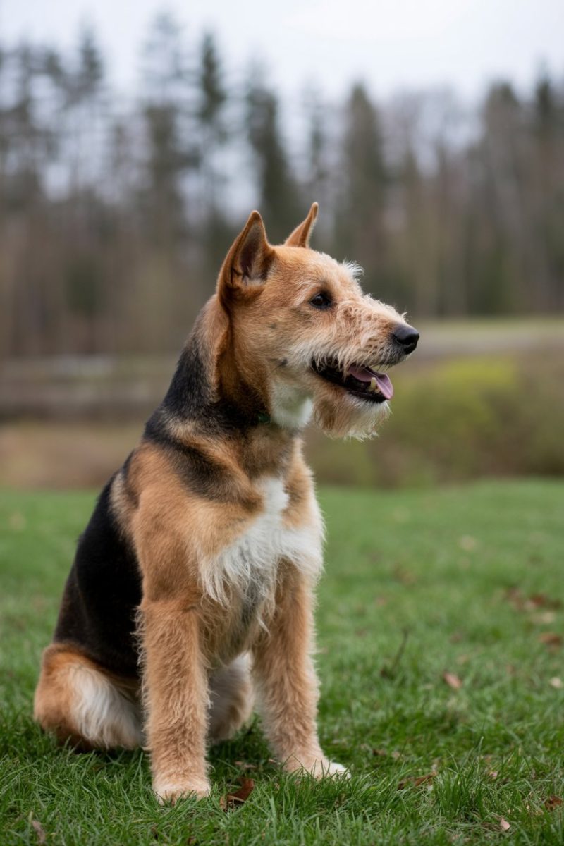 A mixed-breed dog sitting alertly on green grass.