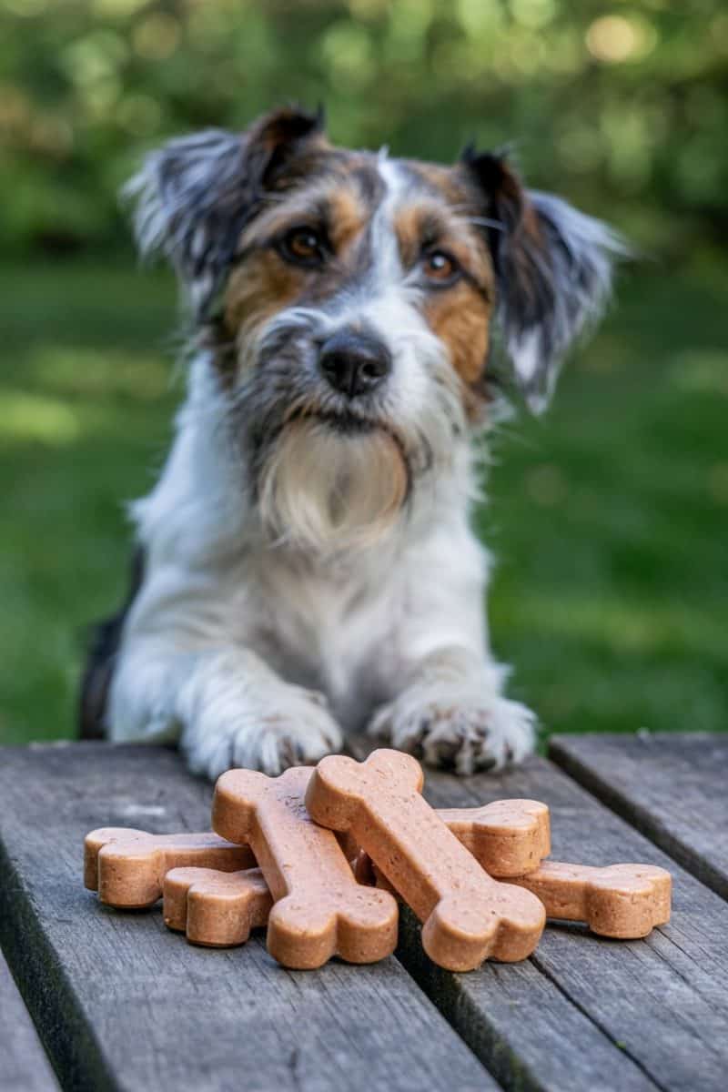 A Jack Russell Terrier dog lying on a weathered wooden deck, with its front paws extended toward several light brown bone-shaped dog treats.