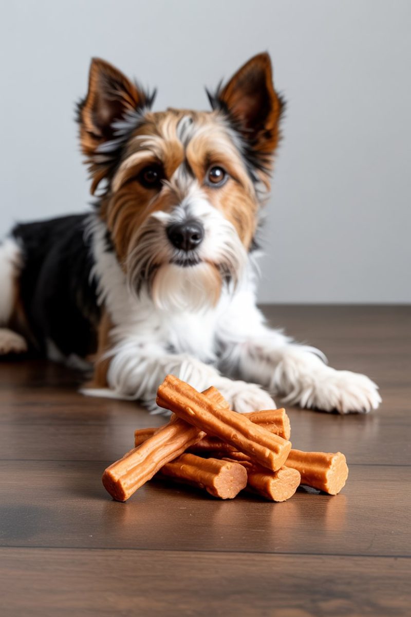 A Yorkshire Terrier mix dog lying on a dark wooden floor next to a pile of dog treats.