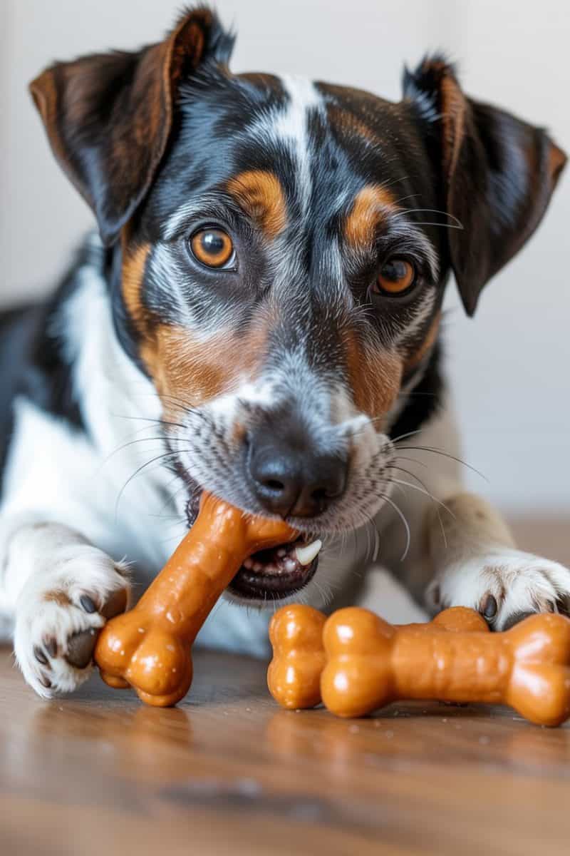 A Jack Russell Terrier dog with black, brown, and white fur, lying on a wooden floor with a large orange-brown bone-shaped dog treat in its mouth.