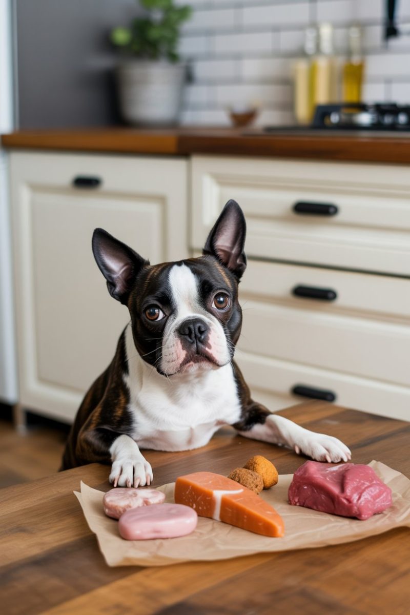 A black and white Boston Terrier dog lying on a wooden kitchen counter with a piece of brown parchment paper with various raw meat and treats spread across it.