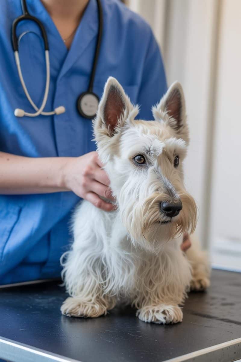 A white Scottish Terrier dog sitting on a black examination table.