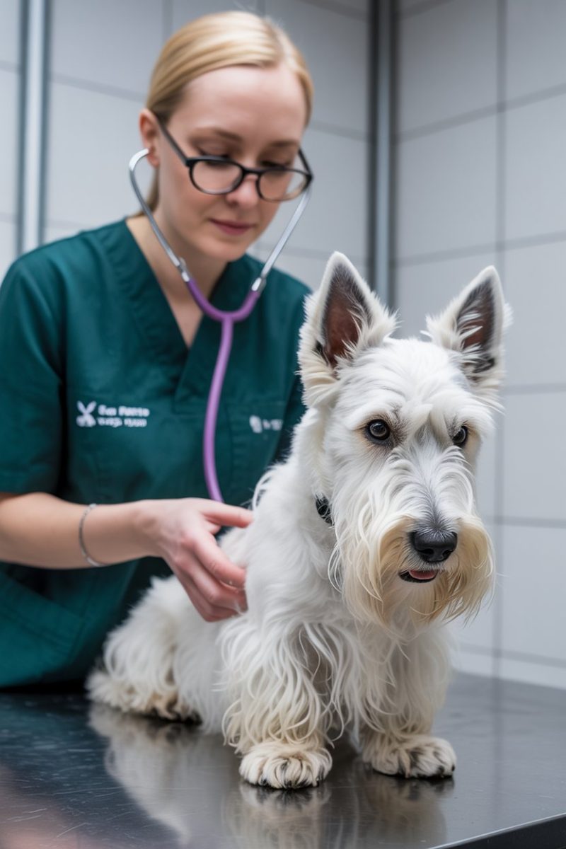 A female veterinary professional wearing dark green scrubs and black-rimmed glasses is examining a white Scottish Terrier dog on a stainless steel examination table.