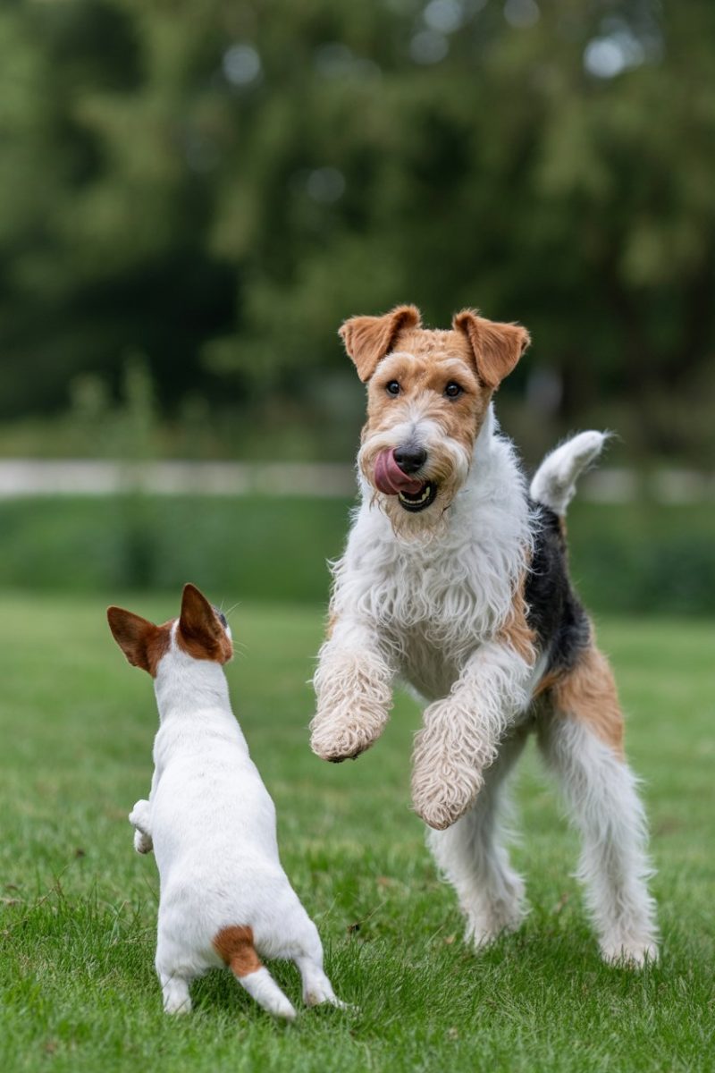 A Wire Fox Terrier with tan and white fur is leaping high into the air and playing with another dog.