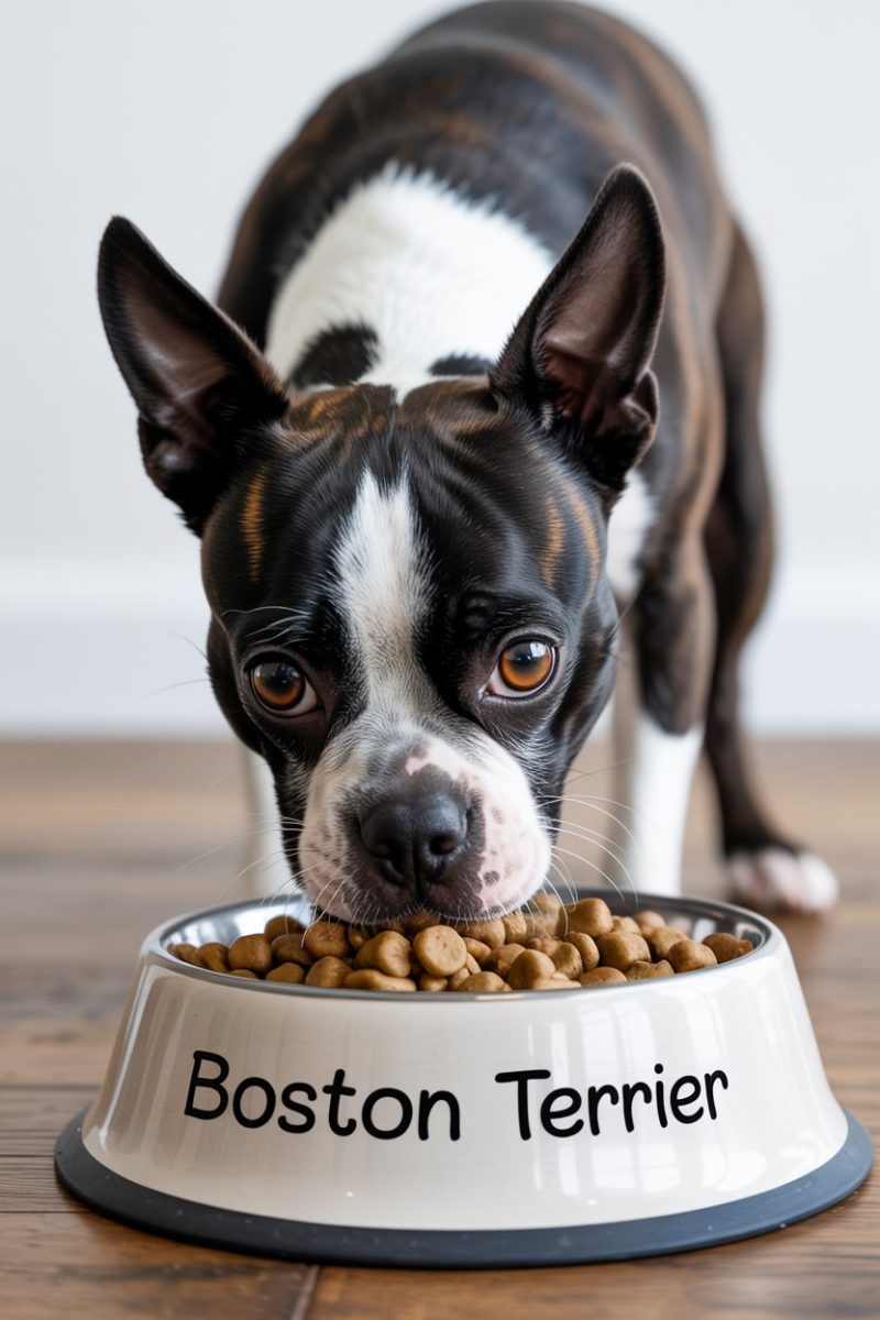 A black and white Boston Terrier dog eating from a white ceramic food bowl.