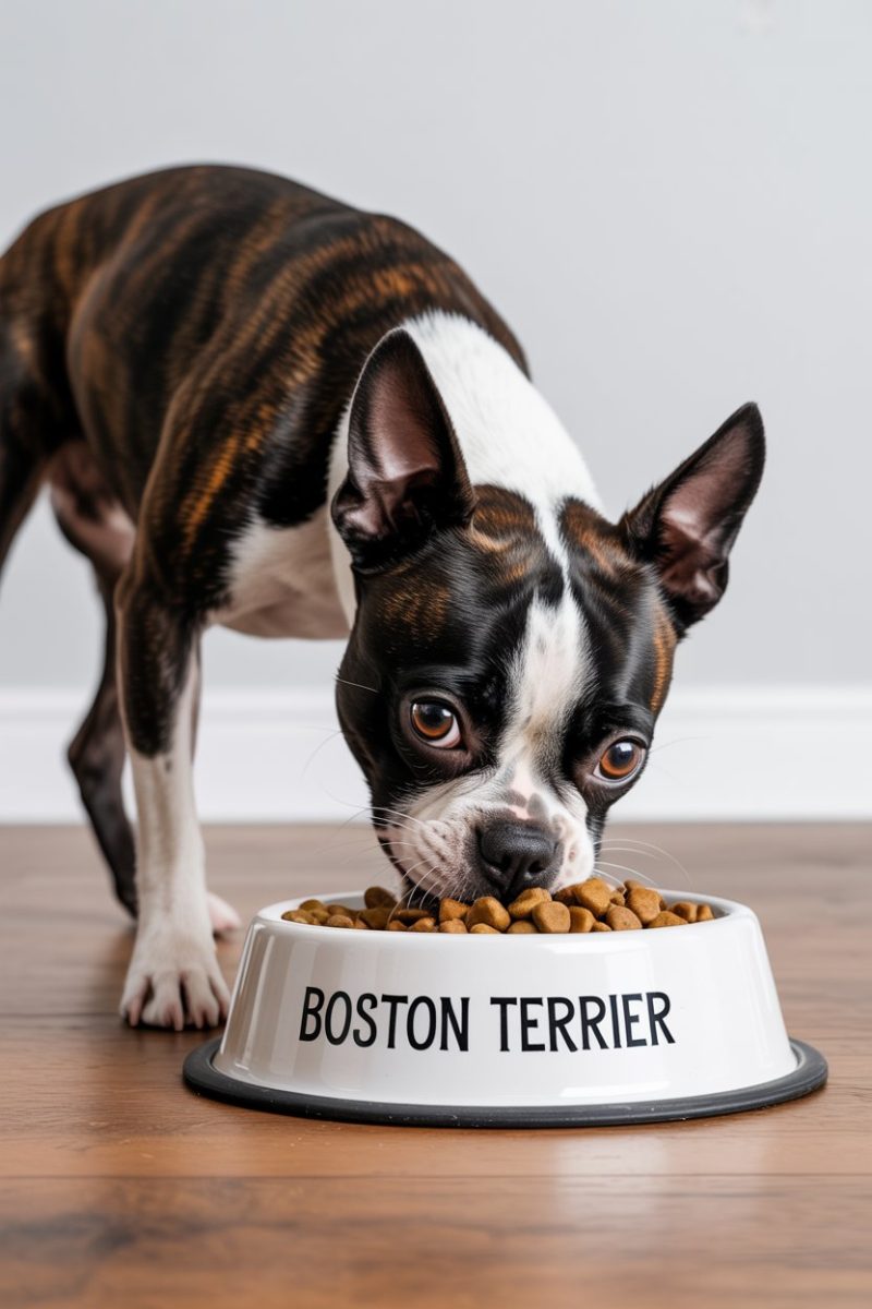A black and white Boston Terrier eating from a white ceramic food bowl labeled "BOSTON TERRIER" in black text.