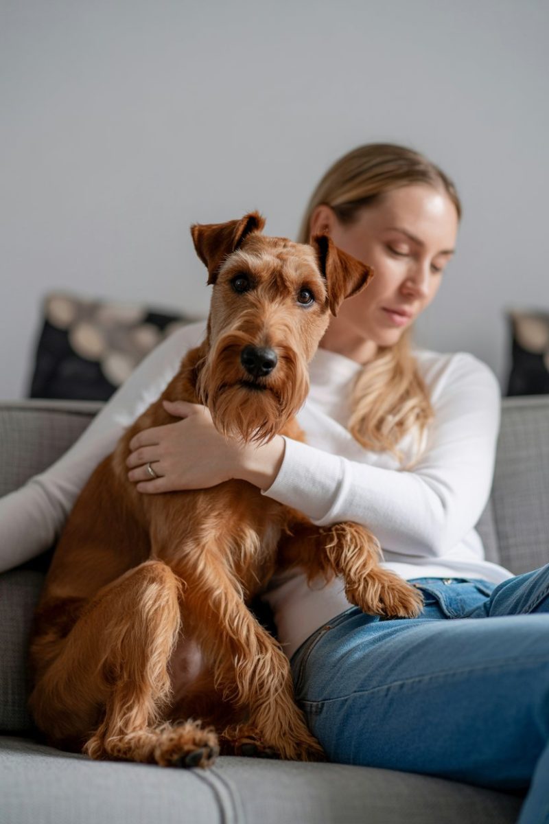 A woman and an Irish Terrier dog sitting together on a gray couch.