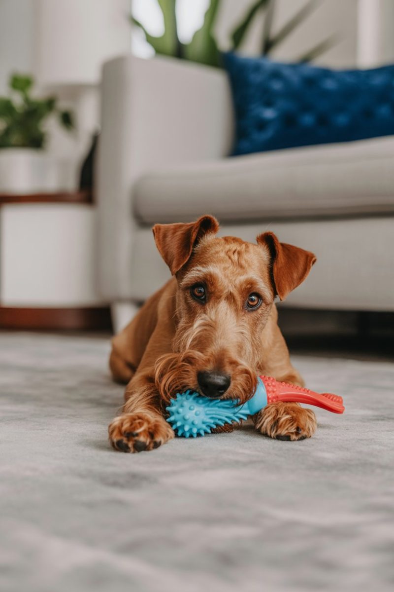 An Irish Terrier dog lying on a light gray carpeted floor.