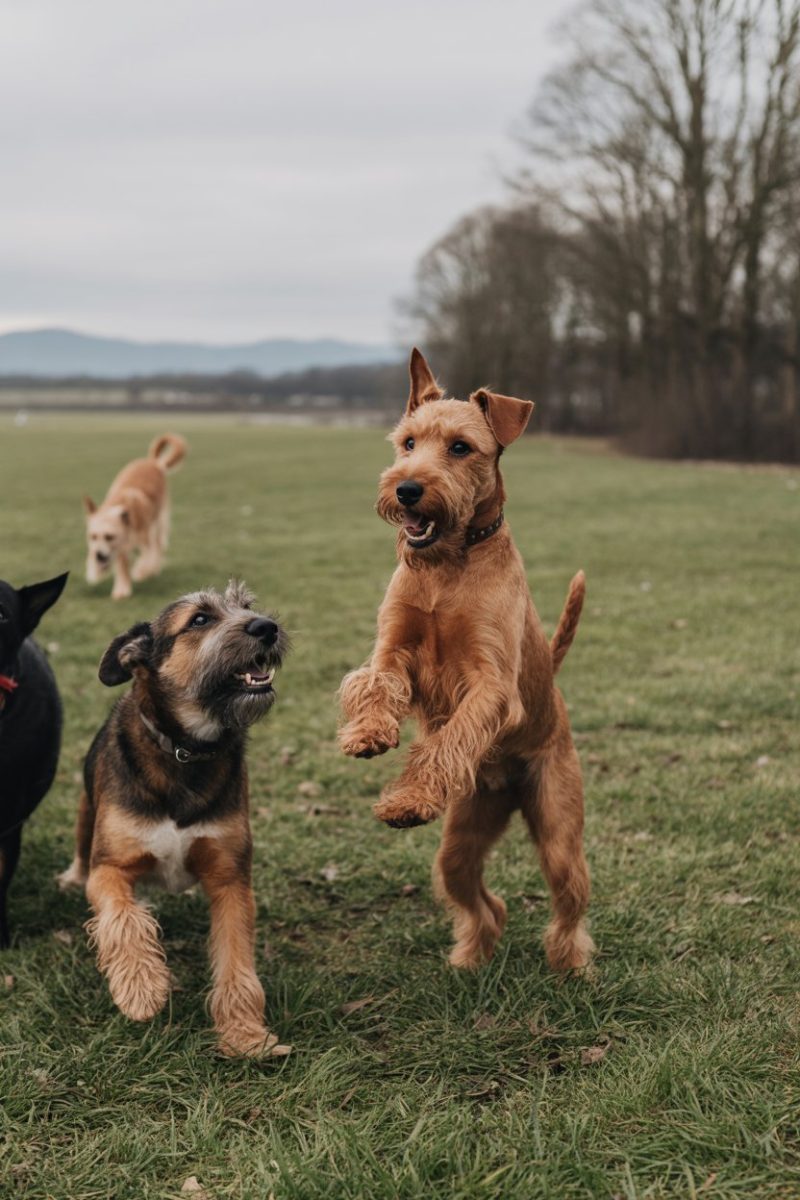 Dogs playing in a grassy field.