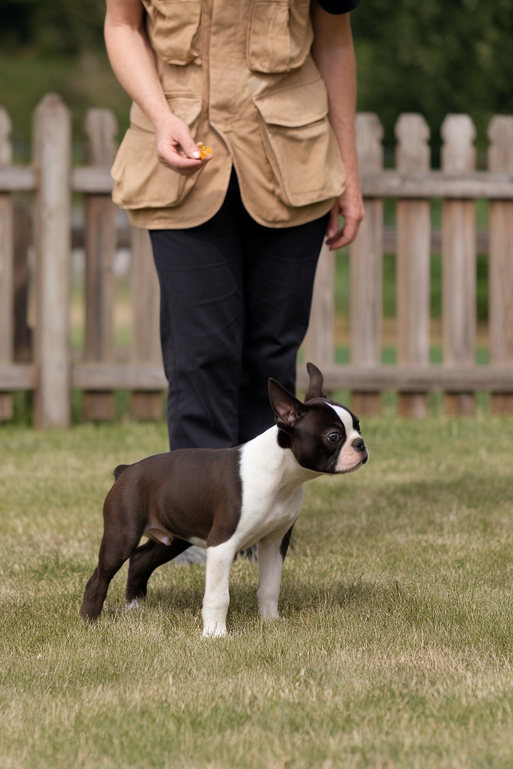 A person training a Boston Terrier puppy in a grassy area.