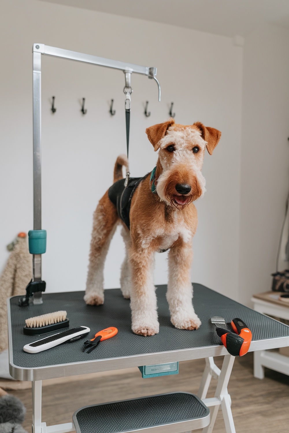 Airedale Terrier standing on a grooming table with tools around.