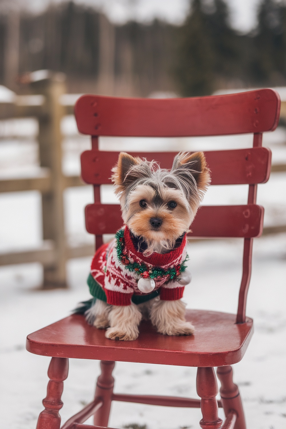 Yorkie puppy wearing a Christmas sweater sitting on a red chair in a snowy background