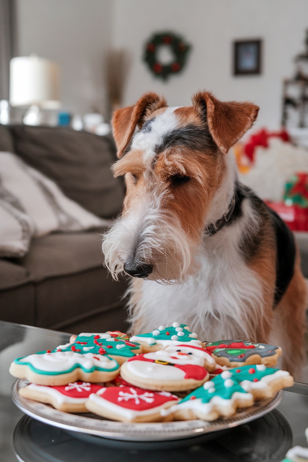 Airedale Terrier looking at a plate of decorated Christmas cookies.