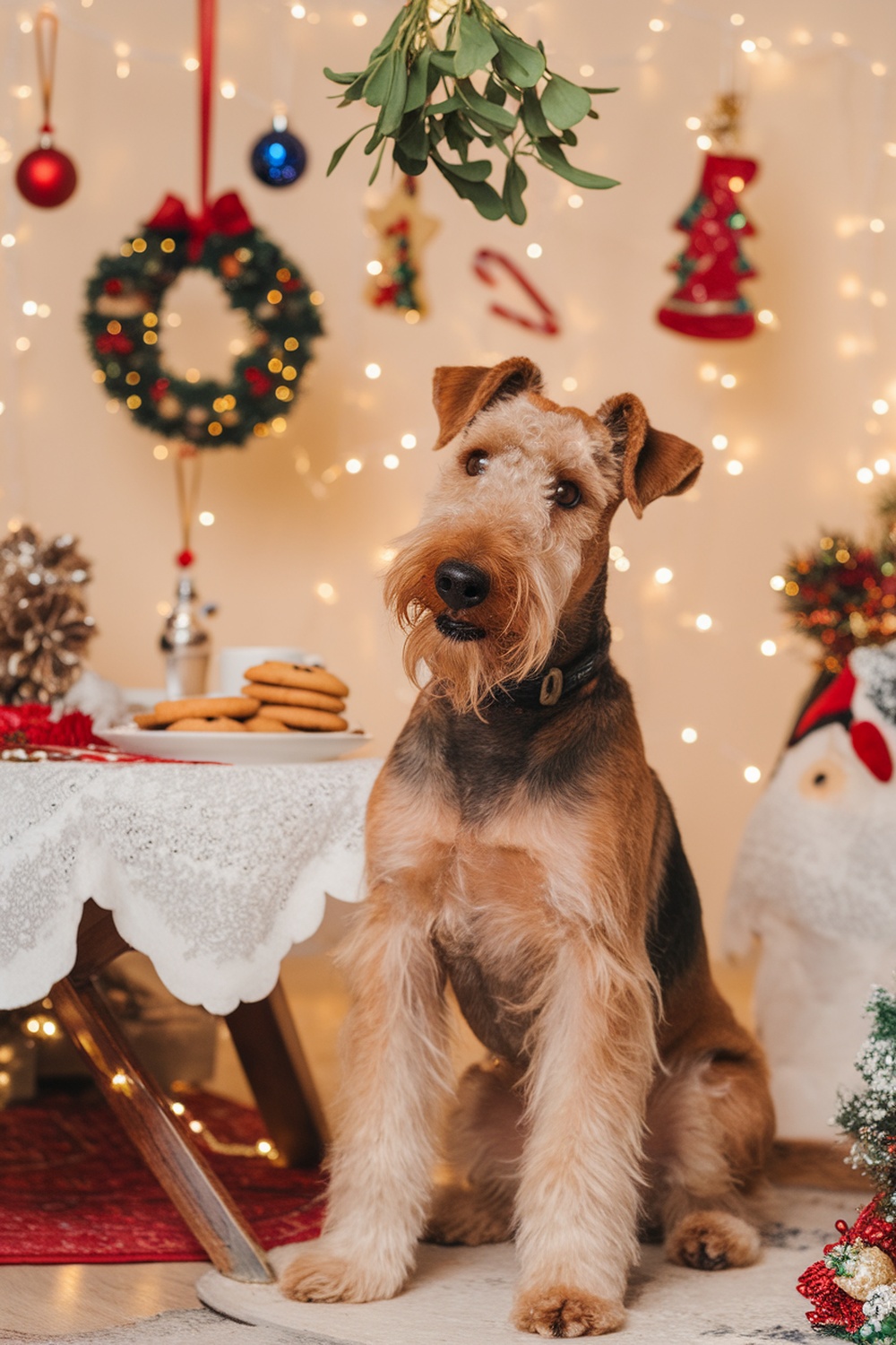 Airedale Terrier sitting under mistletoe with Christmas decorations