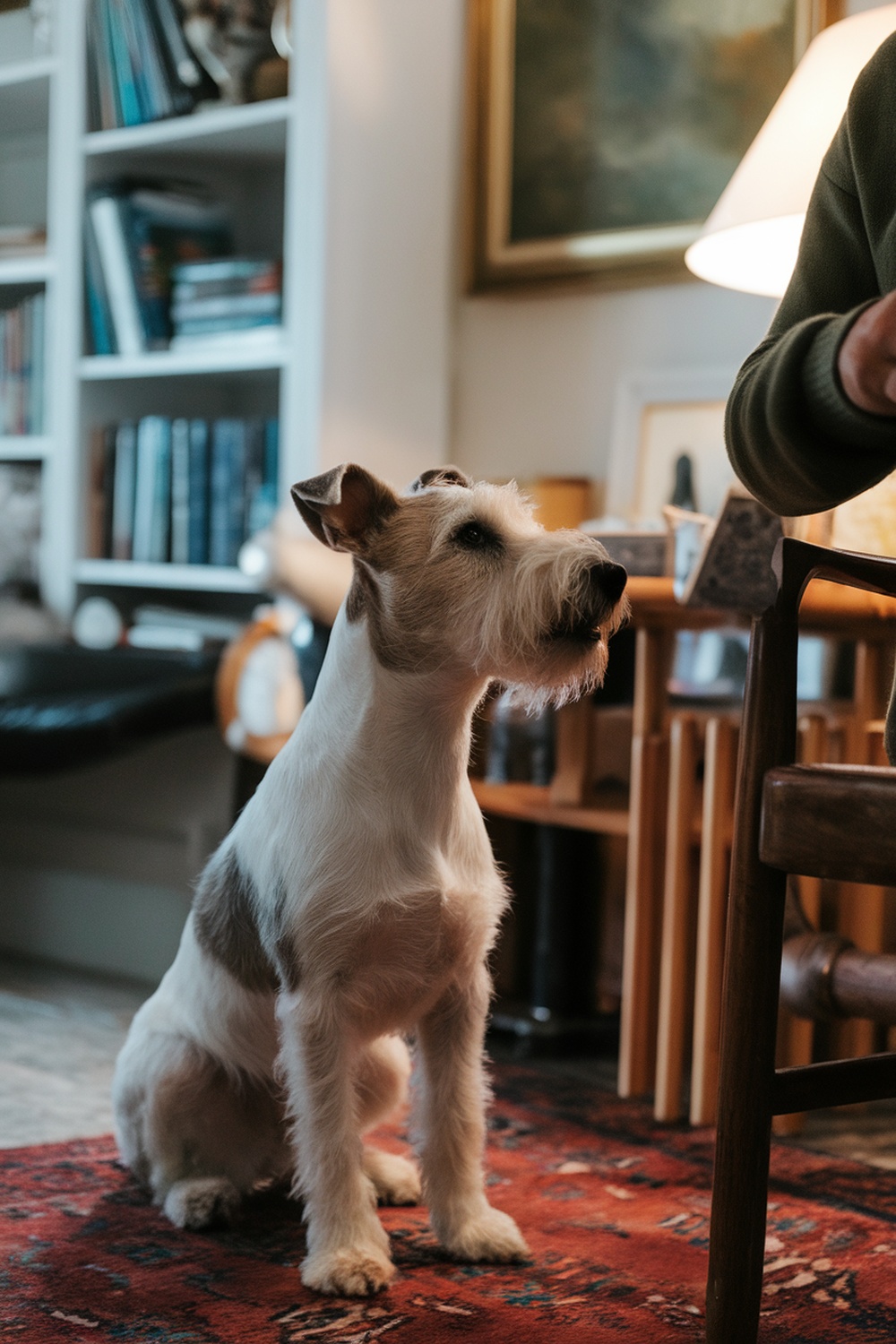 A Wire Fox Terrier sitting attentively in a cozy home environment.