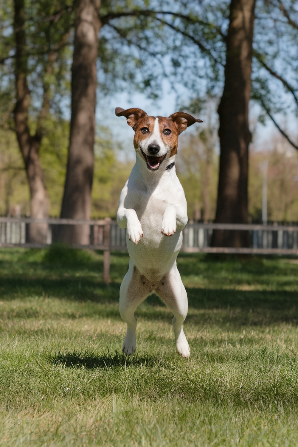 A Jack Russell Terrier jumping happily in a park.