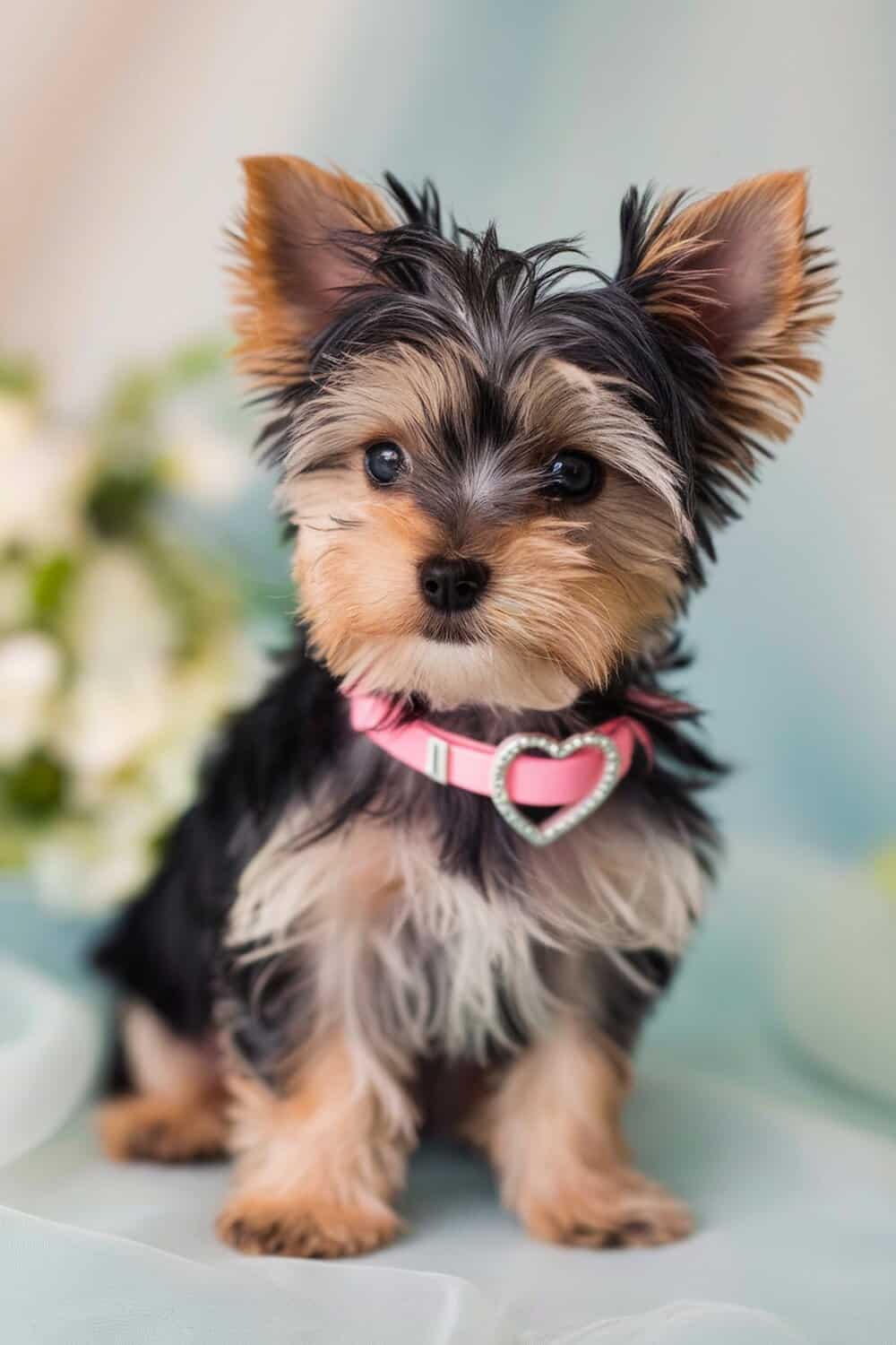 Yorkie puppy wearing a pink heart-shaped collar