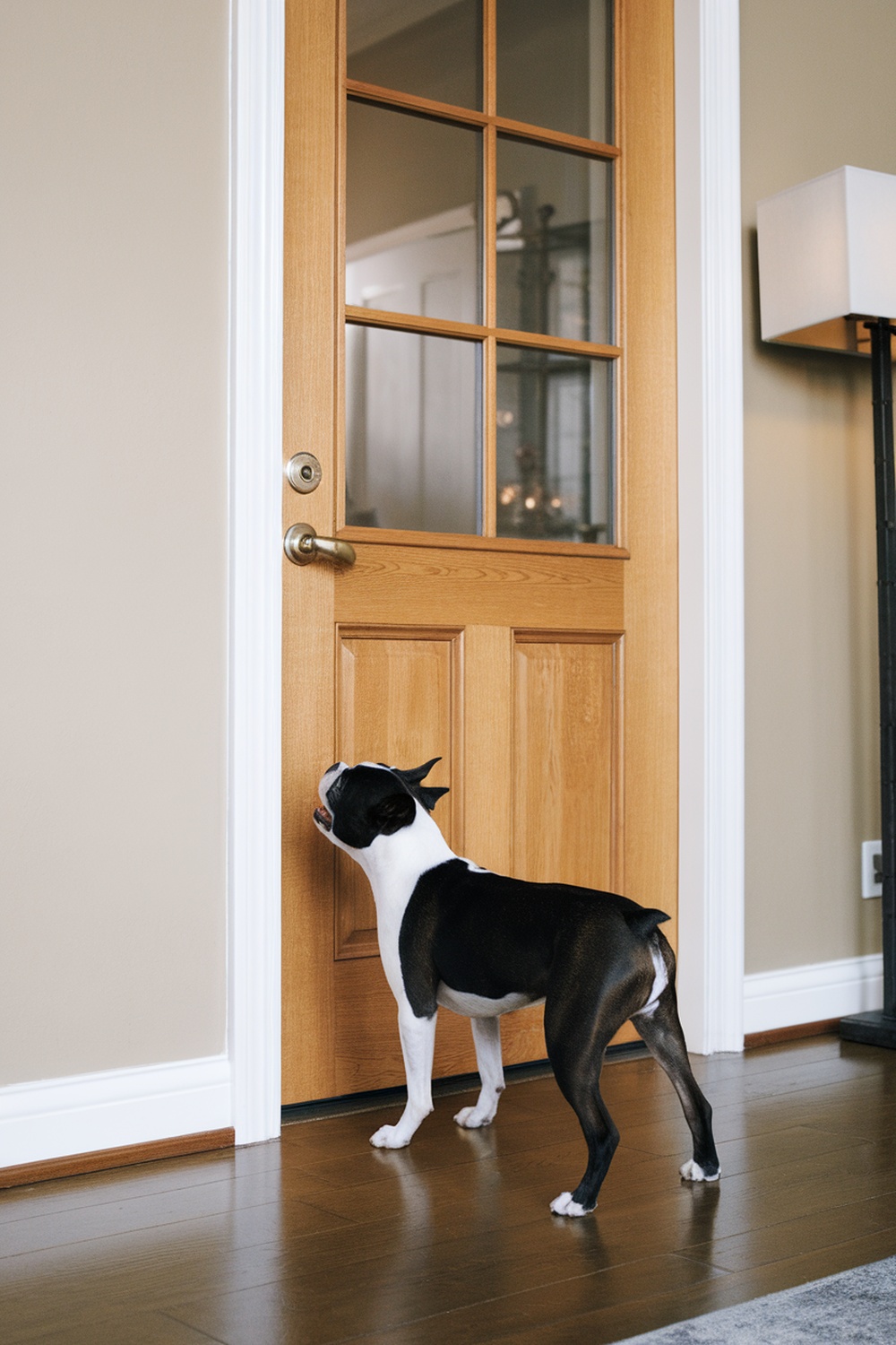 A Boston Terrier standing in front of a door, looking up as if waiting for someone.