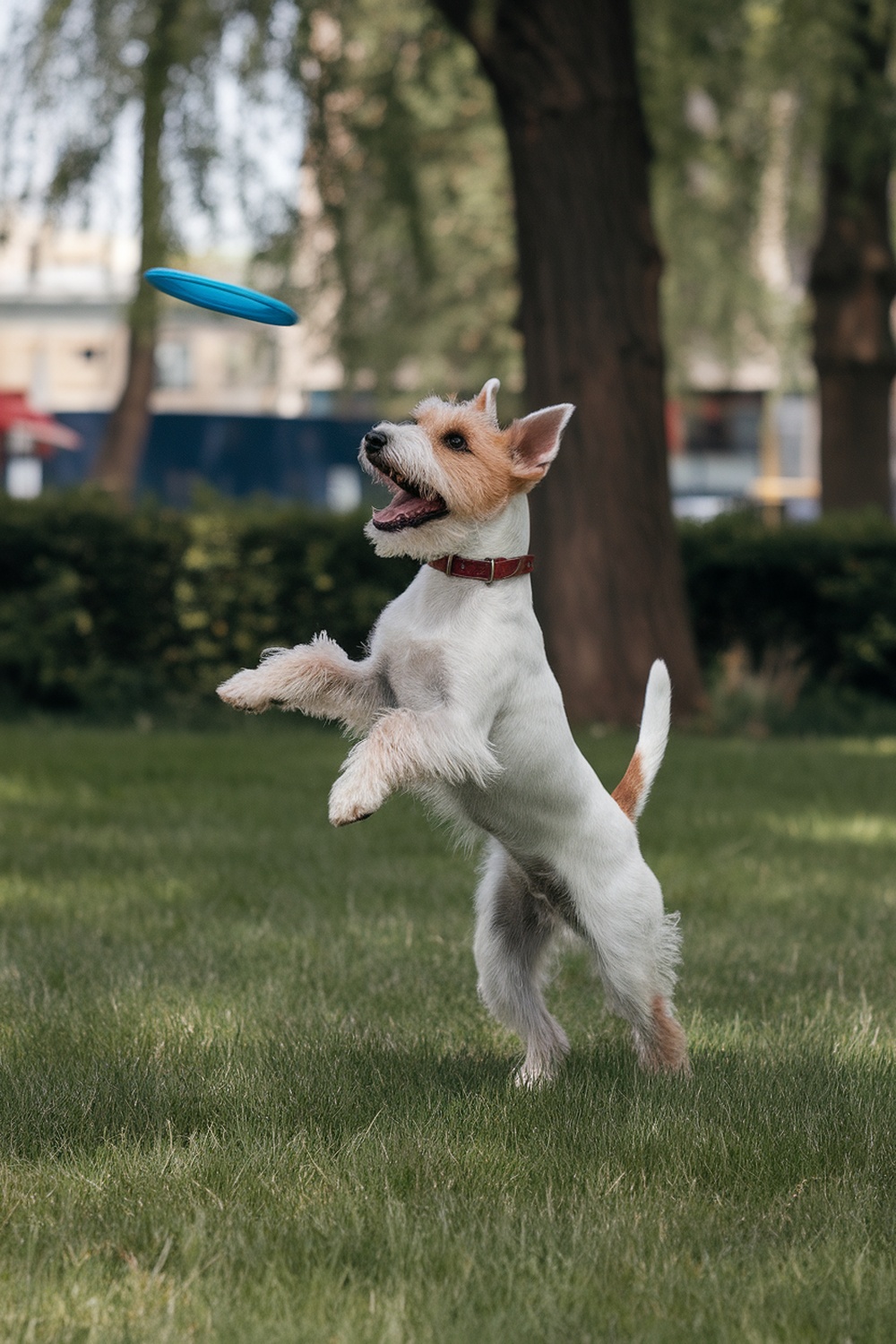 A Wire Fox Terrier jumping to catch a frisbee in a park.