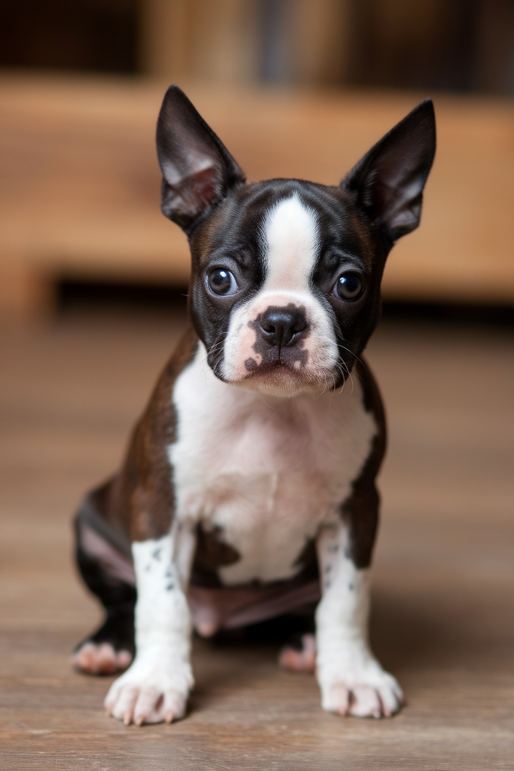 A cute Boston Terrier puppy looking curiously at the camera.