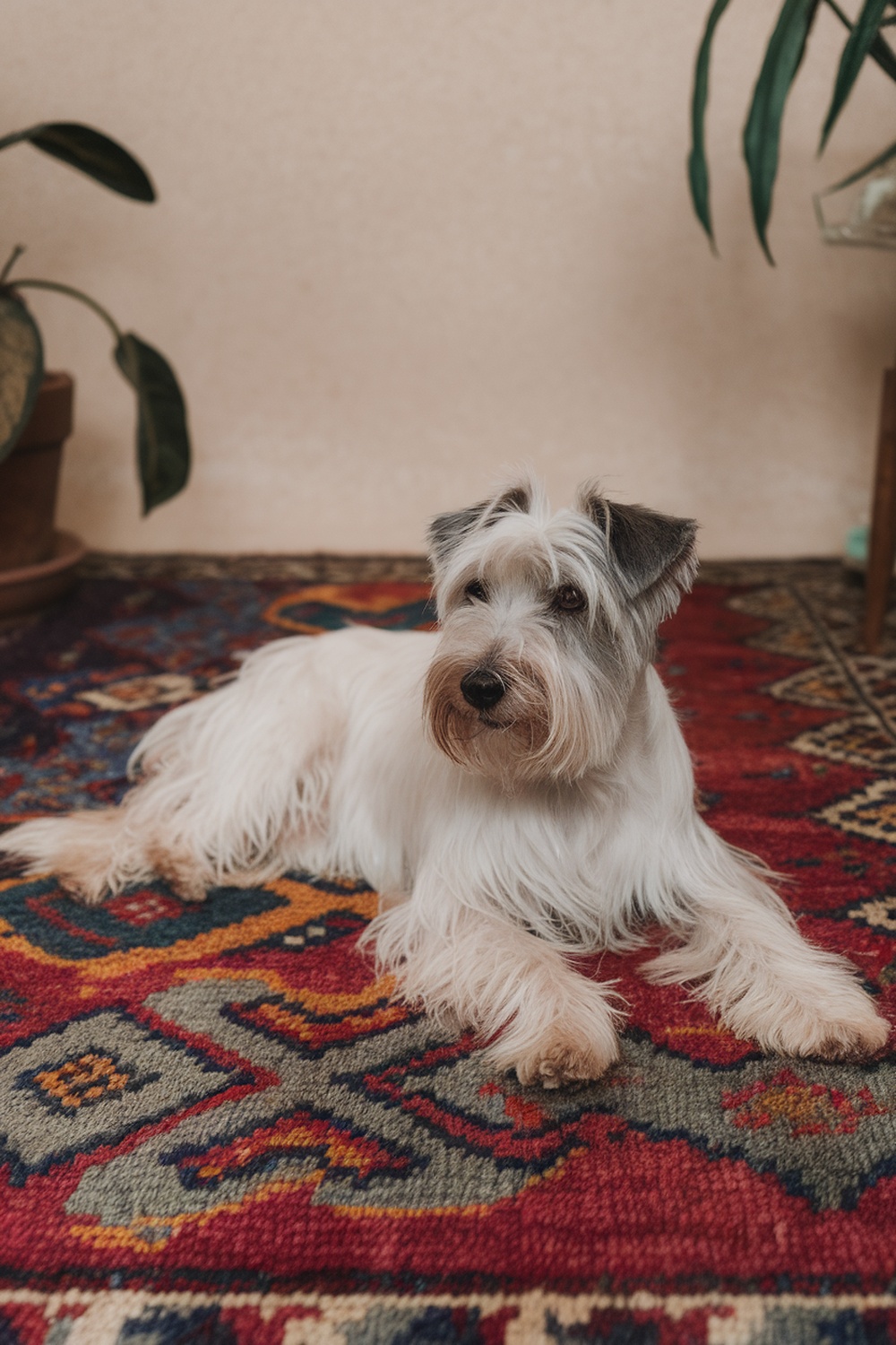 A Sealyham Terrier with long fur lying on a colorful rug.