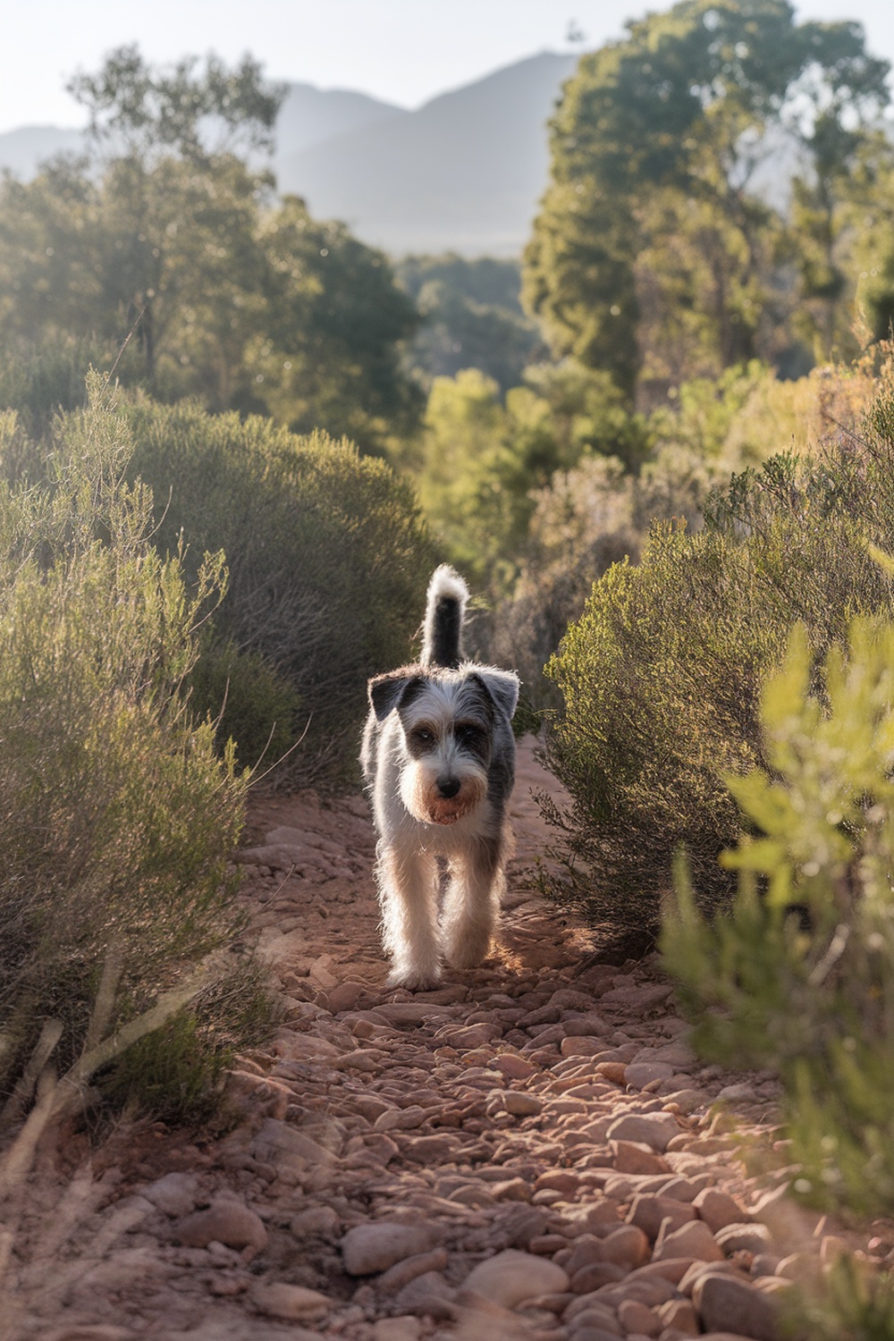 A happy Australian Terrier walking along a rocky path surrounded by greenery.
