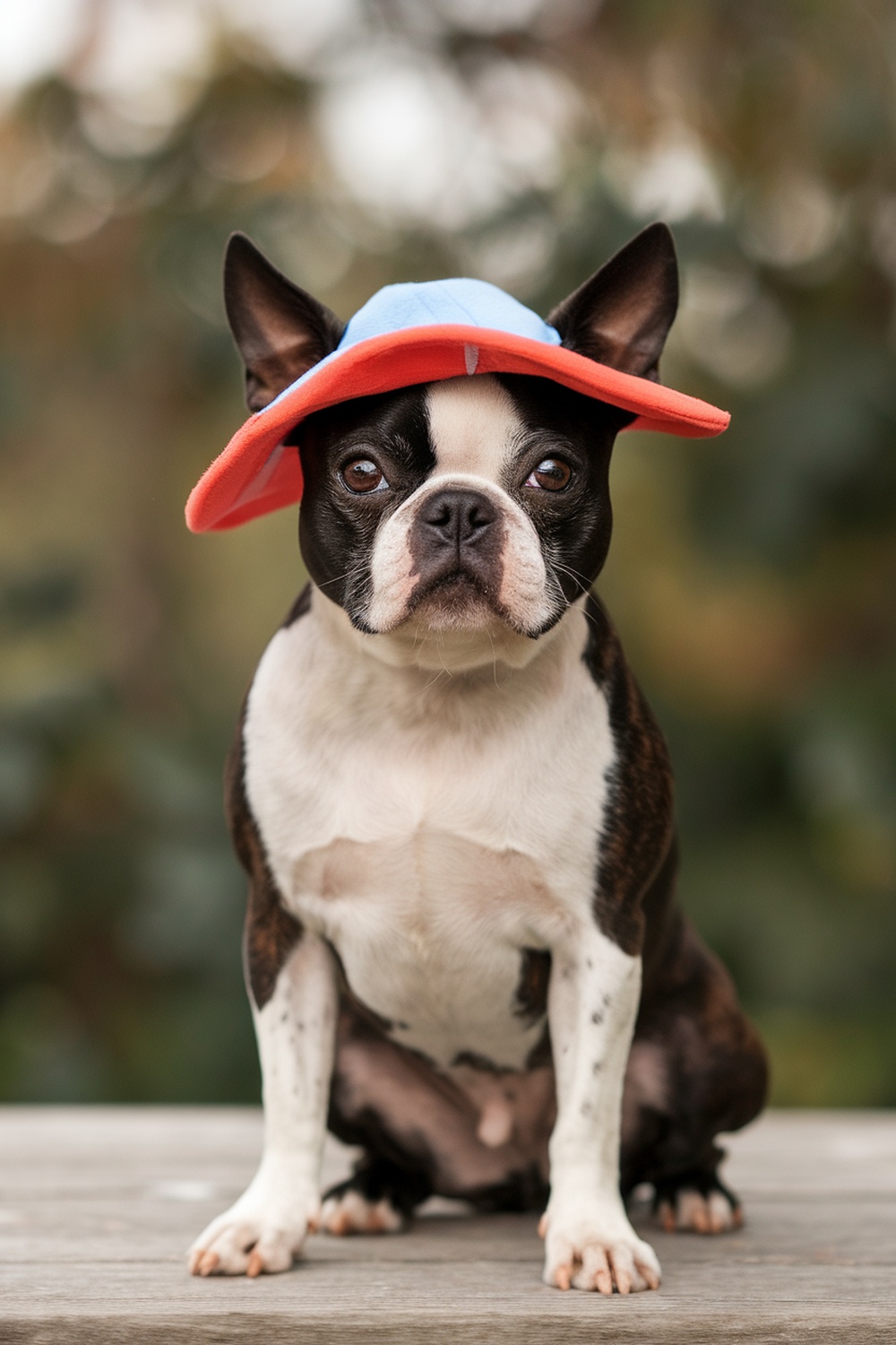 A Boston Terrier wearing a colorful hat, showcasing its playful personality.
