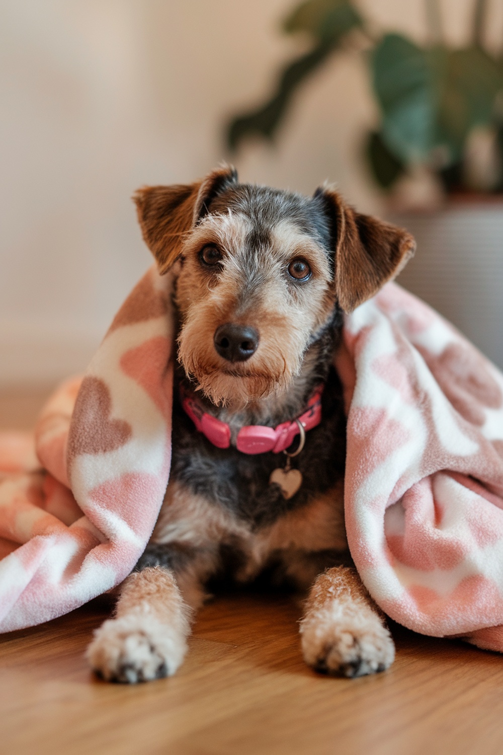 Airedale and Chihuahua mix dog wrapped in a pink blanket, looking at the camera.