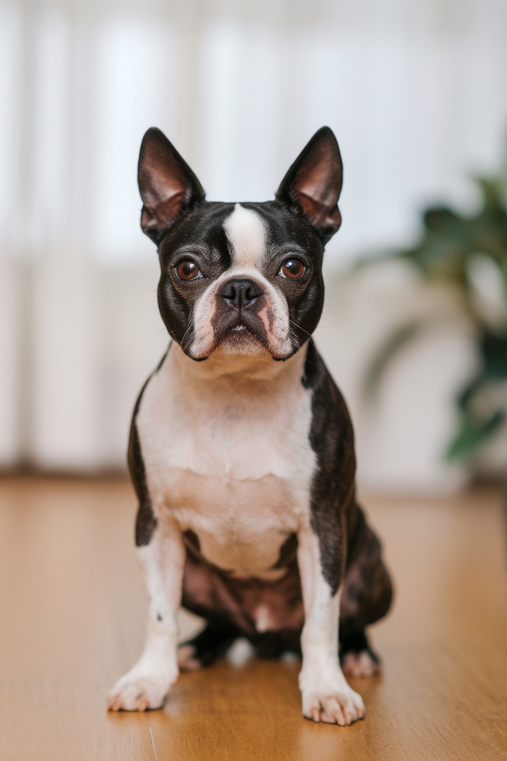 A Boston Terrier sitting on a wooden floor, showcasing its short coat.