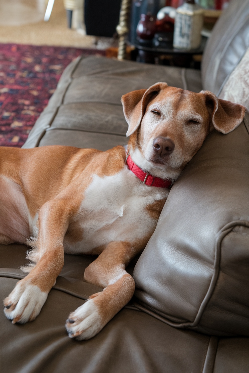 A relaxed dog lying on a couch, showcasing a mix of Airedale Terrier and Cocker Spaniel traits.