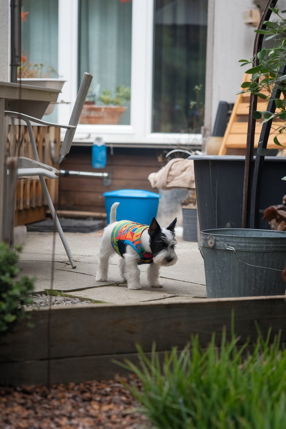 A Scottish Terrier puppy exploring a safe outdoor space.