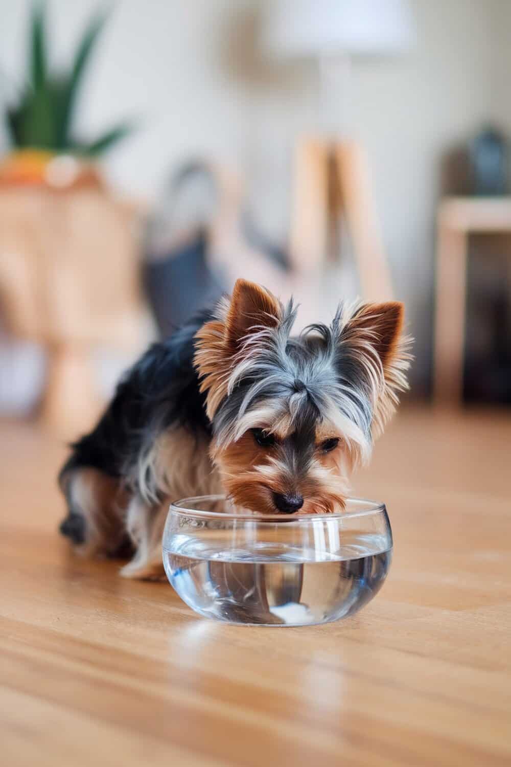 A Yorkie Poo looking at a bowl of water.