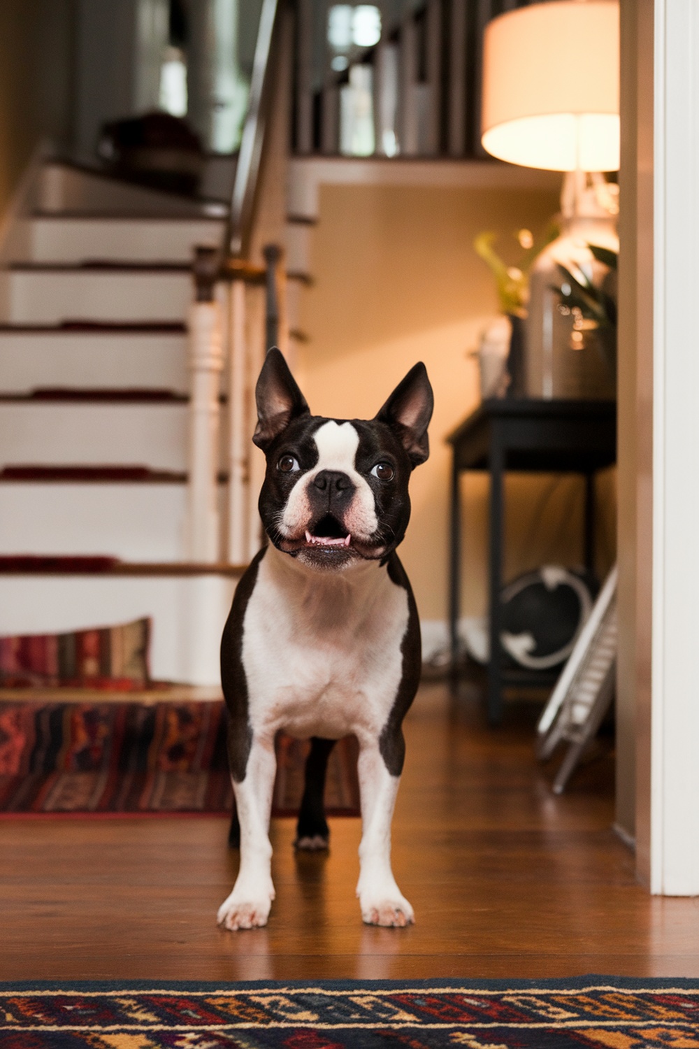 A Boston Terrier standing in a home setting.