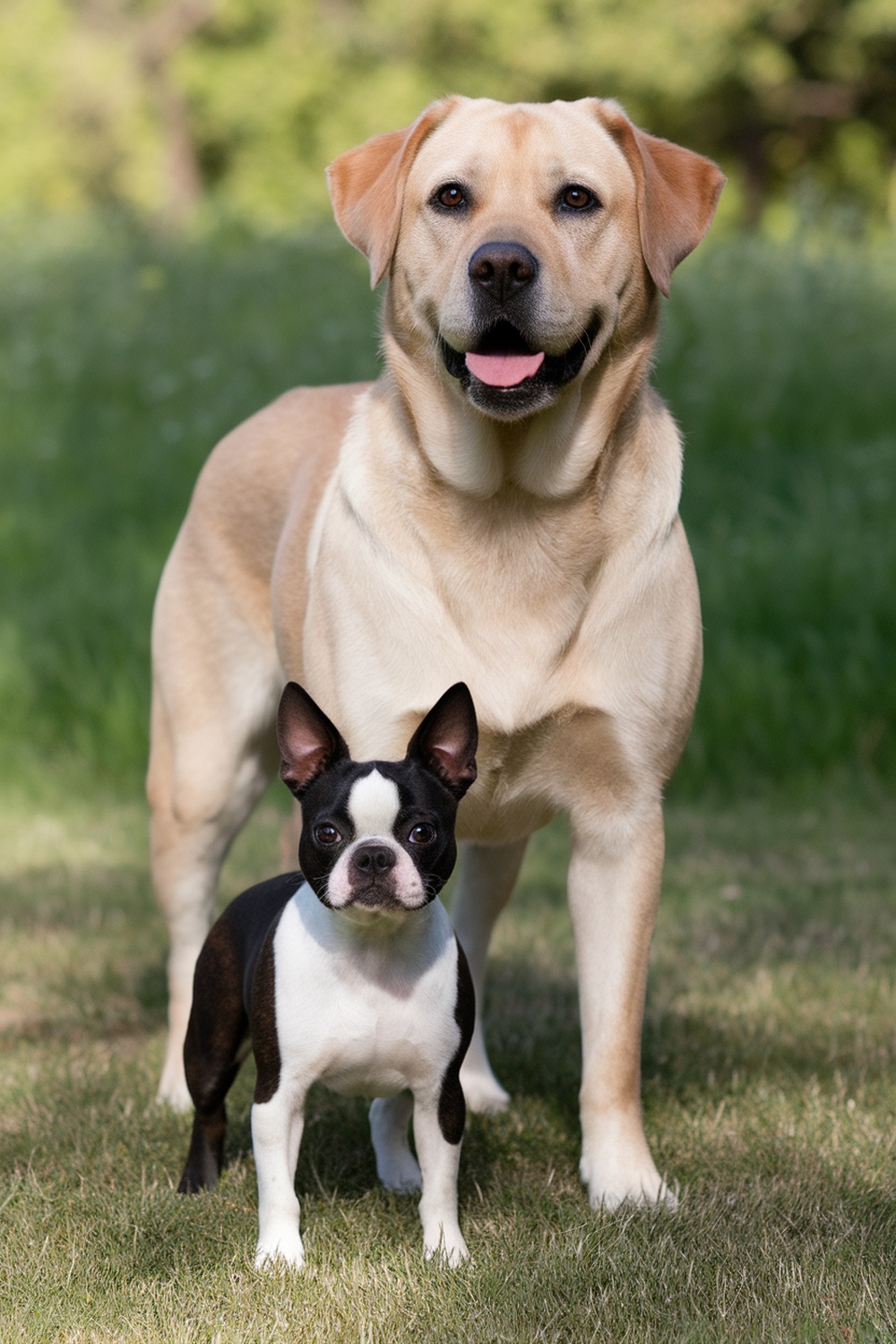 A Boston Terrier standing confidently in front of a larger dog.