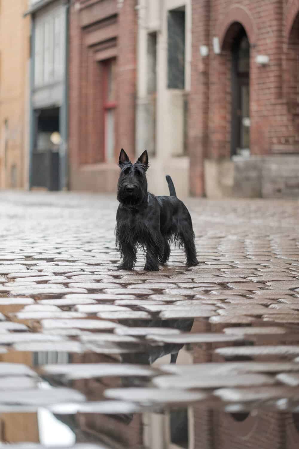 A Scottish Terrier standing on cobblestones with a reflective puddle.