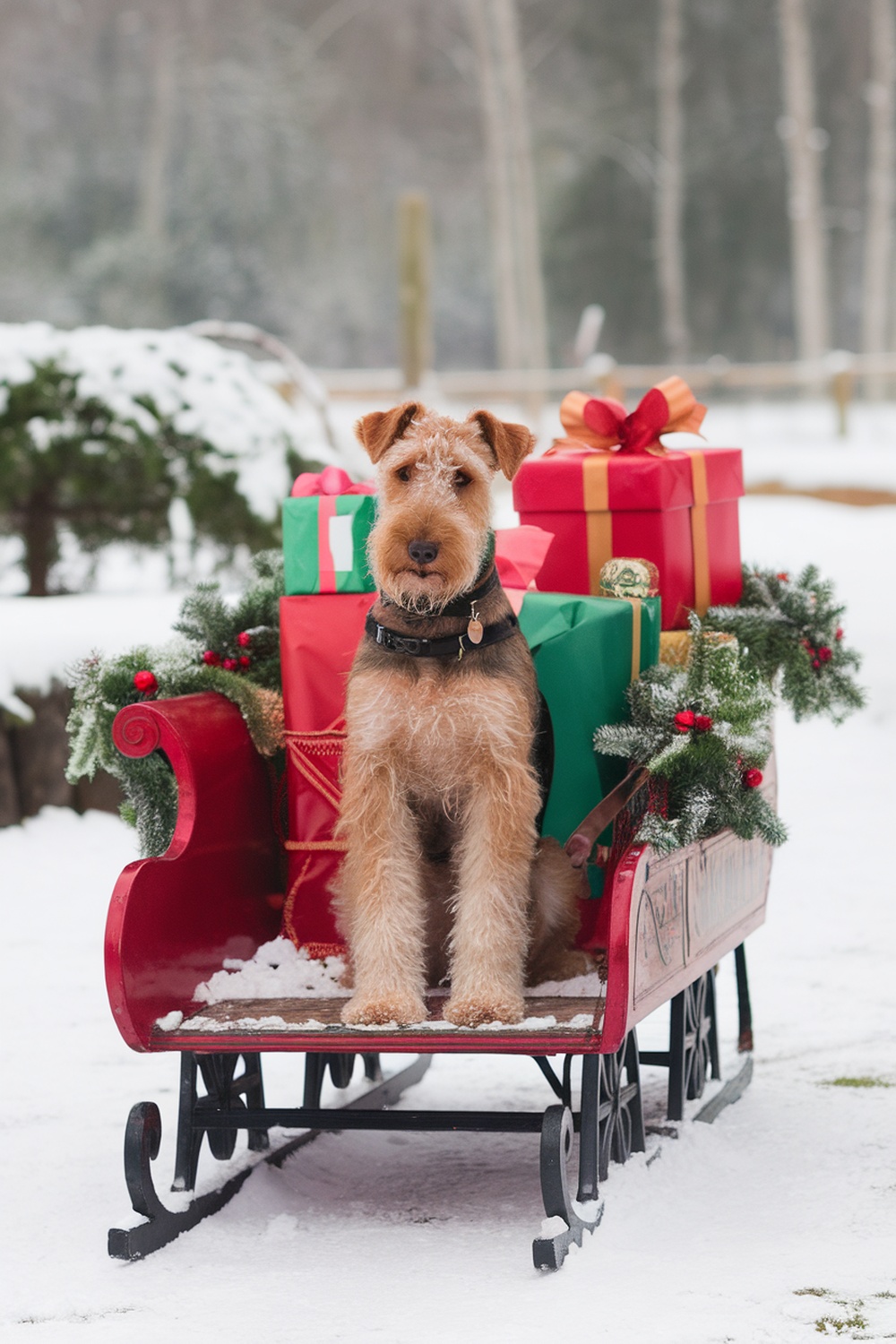 Airedale Terrier sitting in a sleigh with Christmas gifts.