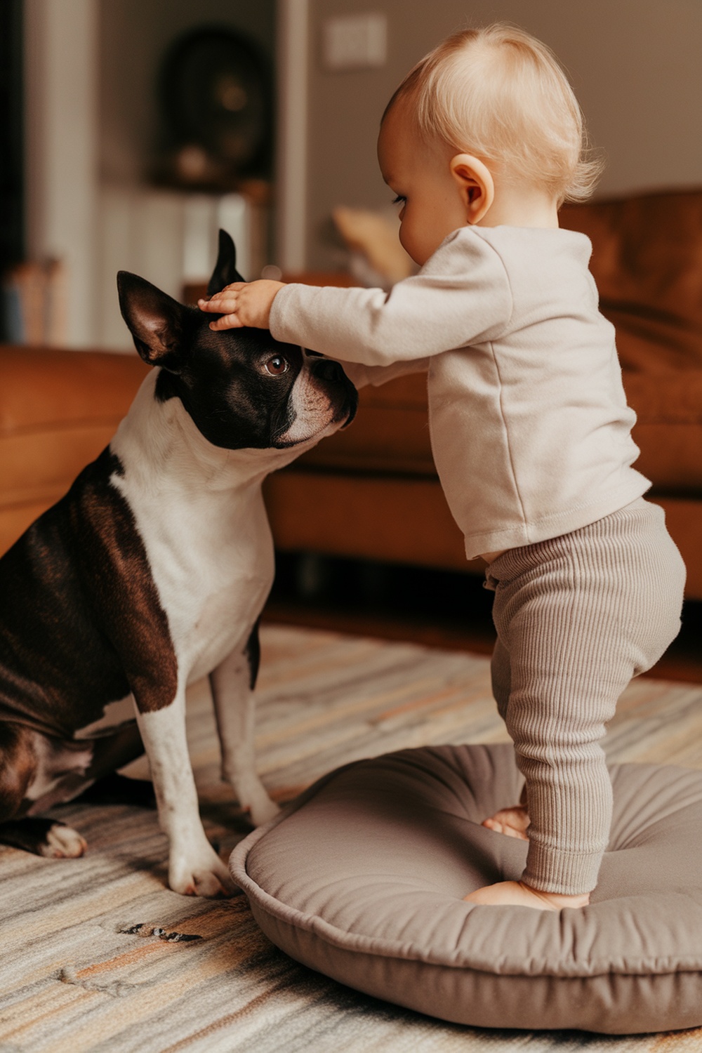 A toddler gently petting a Boston Terrier, showcasing the dog's gentle temperament.