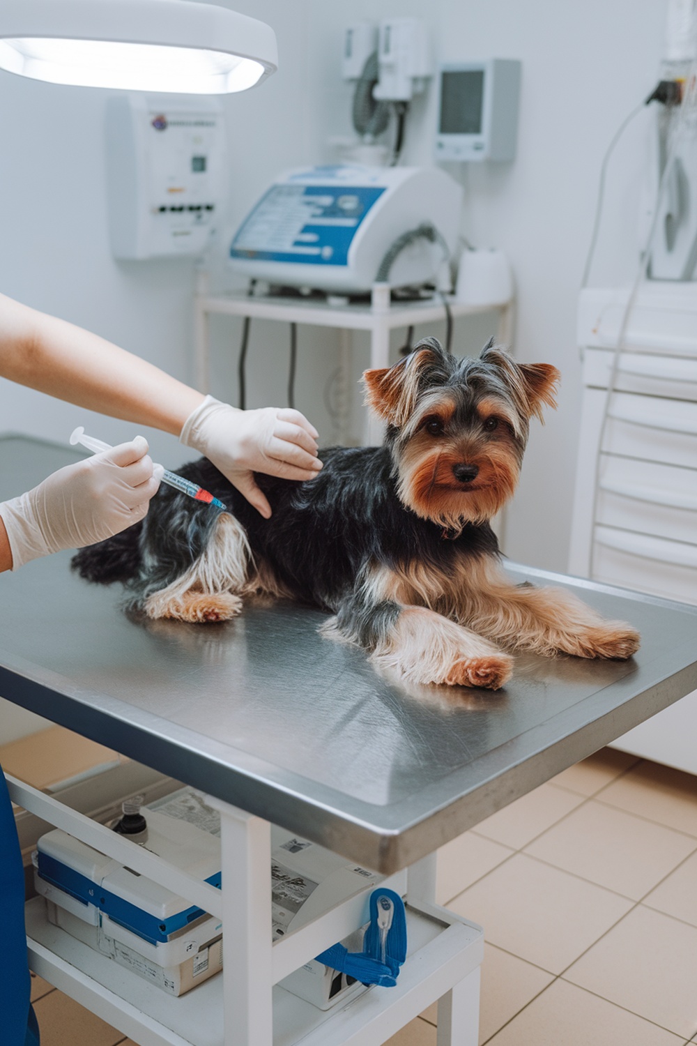 A Yorkie Poo receiving a vaccination at a veterinary clinic.