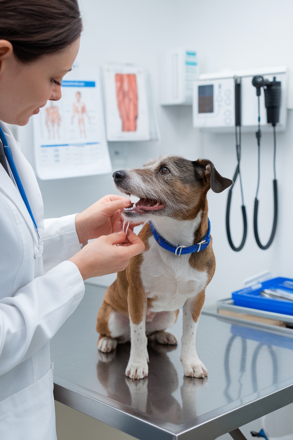 A veterinarian examining a Border Terrier in a clinic.