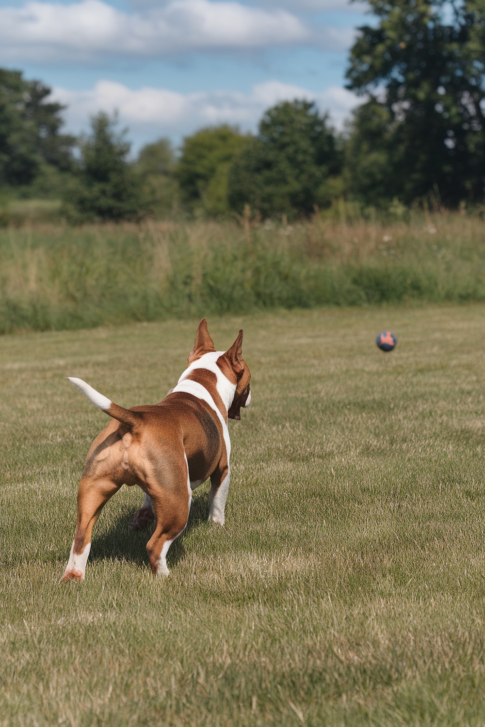 A Bull Terrier playing in a grassy field, looking at a ball.