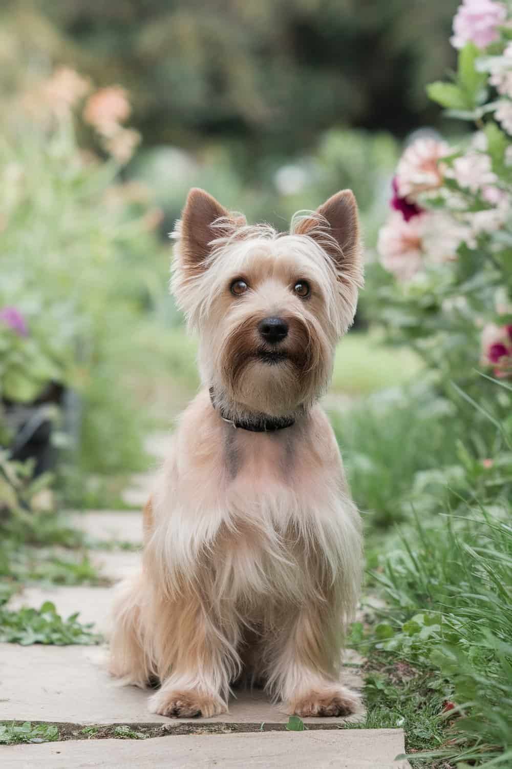 A Dandie Dinmont Terrier sitting on a path surrounded by flowers.