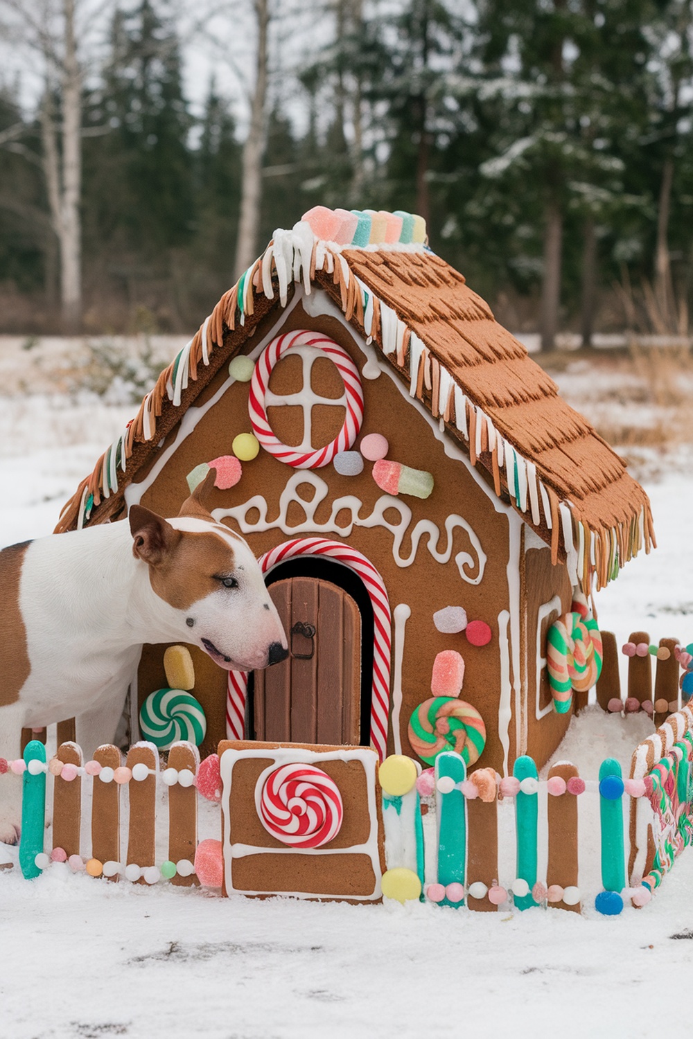 Bull Terrier beside a gingerbread house decorated with candy and snow.