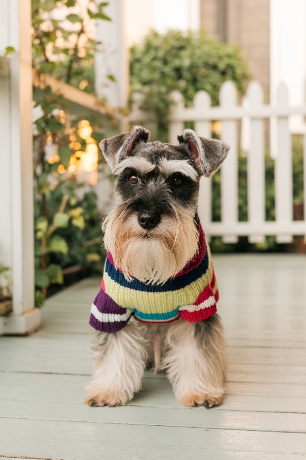 A Miniature Schnauzer wearing a colorful striped sweater, sitting on a porch.